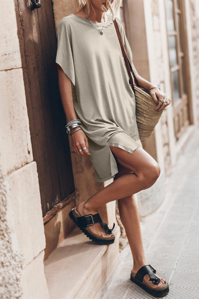 Casual Simplicity Solid Slit O Neck Short Sleeve Dress Dresses