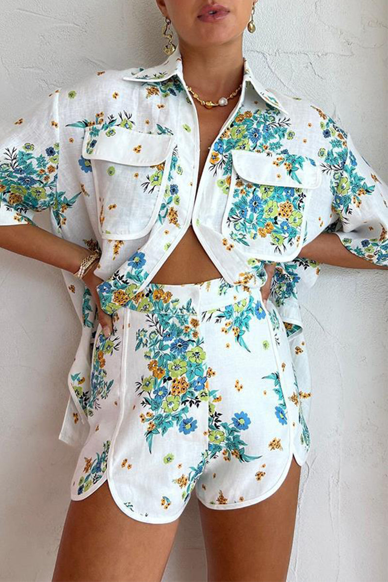 Sweet Floral Pocket Turndown Collar Short Sleeve Two Pieces