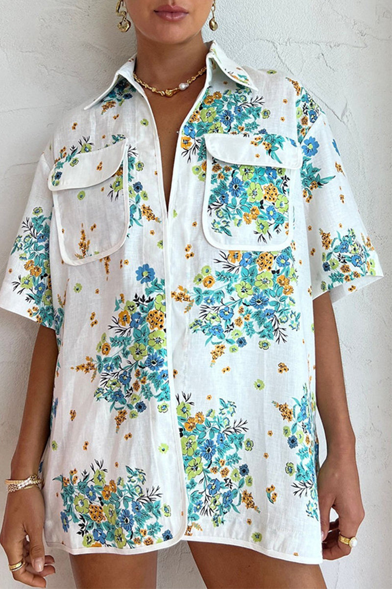 Sweet Floral Pocket Turndown Collar Short Sleeve Two Pieces