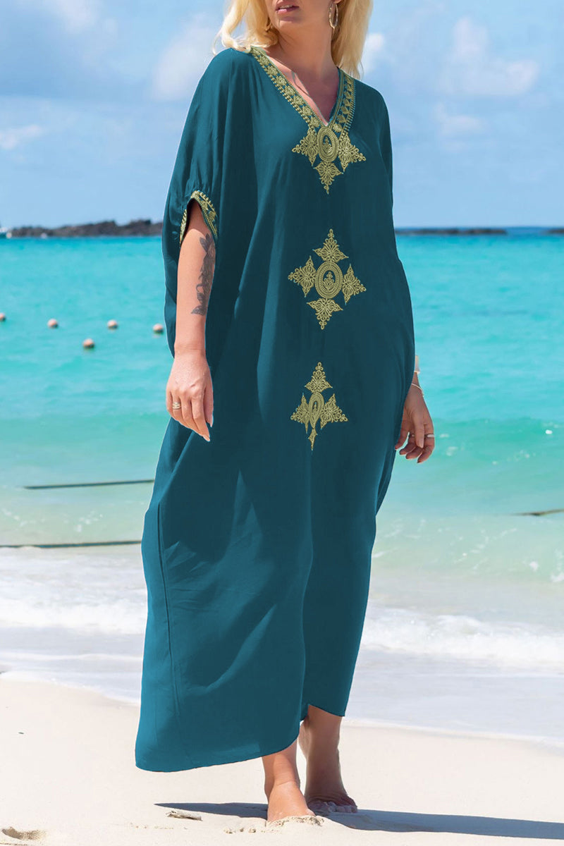 Casual Vacation Solid Embroidered Contrast Swimwears Cover Up