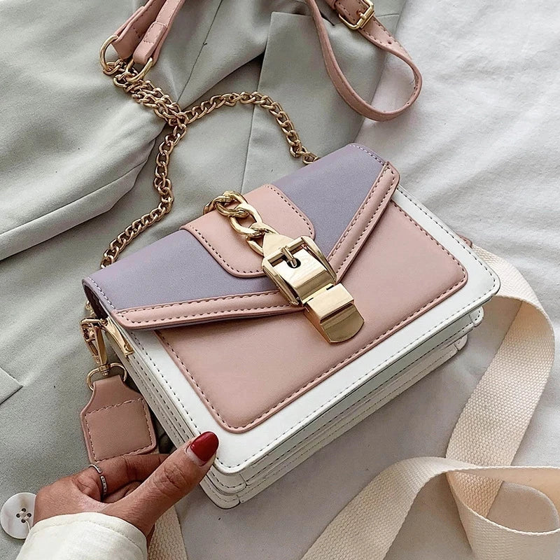 Mimicun  -  Fashion chain lady Sling bag Panelled color PU Leather Crossbody Bag For Women new Wide strap Shoulder Messenger Bag Ladies