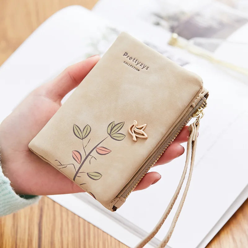 Mimicun Women Short Wallet Cute Bird Tree Pattern Design Girls Zipper Coin Purse Ladies ID & Credit Card Holder PU Small Clutch Bag