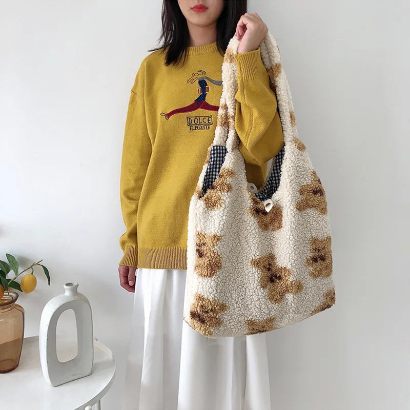 Mimicun Fashion Winter Imitation Lamb Hair Shoulder Bag Women Cartoon Bear Plush Handbags Casual Shopper Bag Women Totes Bolso De Hombro