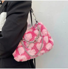 Mimicun  -  Y2k Hot Girls Pink Love Underarm Bags Soft Plush Heart Pattern Ladies Shoulder Bag Female Chain Furry Crossbody Bag Handbags