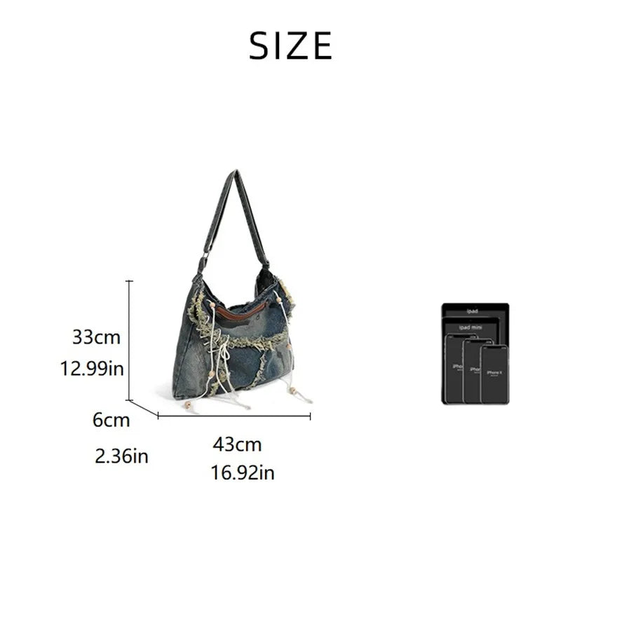 Mimicun  -  Y2K Korean Harajuku Gothic Hobo Denim Bag Aesthetic Vintage Purses WomenHandbag Crossbody Messenger Tote Peddler Shoulder Bags