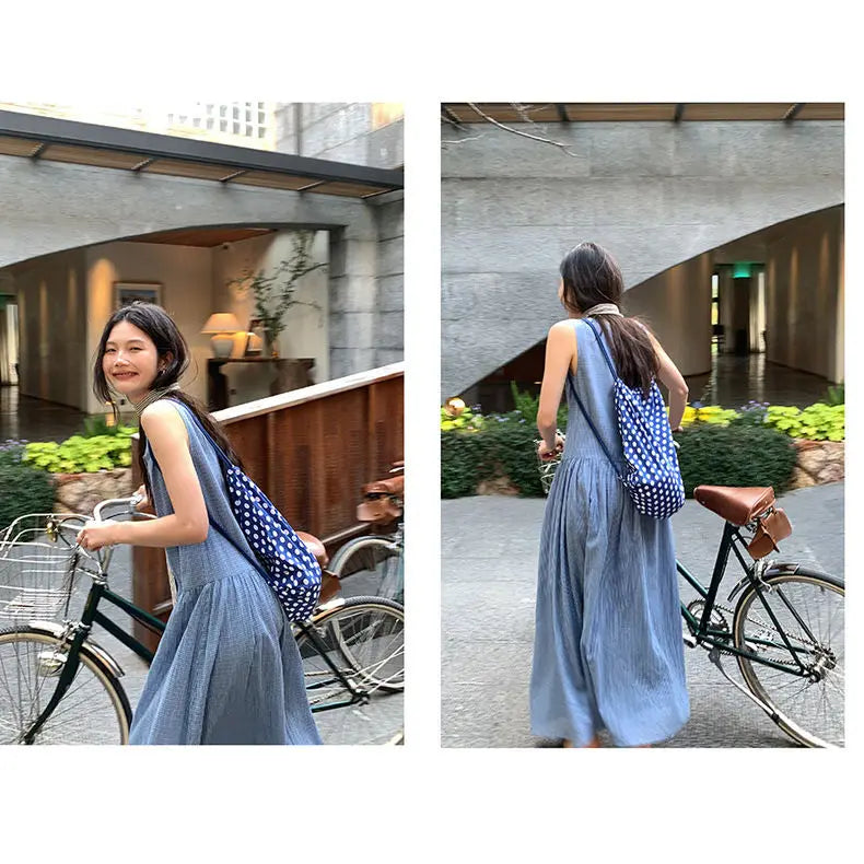 Mimicun  -  Summer Blue White Polka Dot Backpack Casual Style Versatile Strap Drawstring Bag Small Backpacks