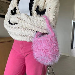 Mimicun  -  Fluffy Woven Bags for Women Candy Color Plush Handbags Handmade Rope Crochet Shoulder Bag Cute Small Bucket Bag Knitting Hobos