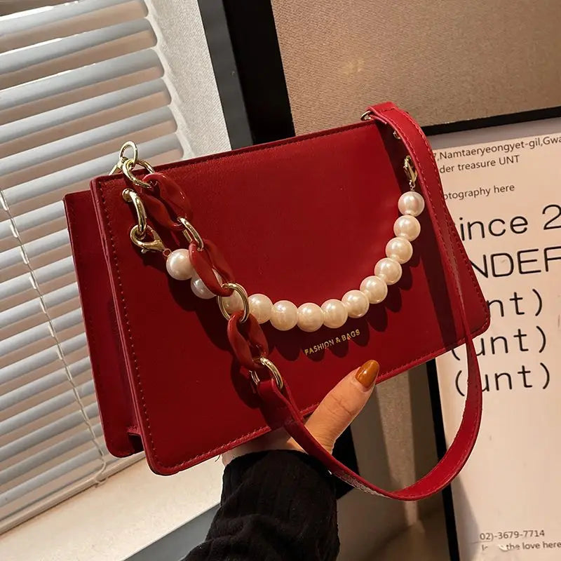 Mimicun  -  fancy bags  New Red Shoulder Bag Women High-capacity Wedding Underarm Bag Elegant Pearl Tote Bag Autumn Simple Solid Bolsas Сумка