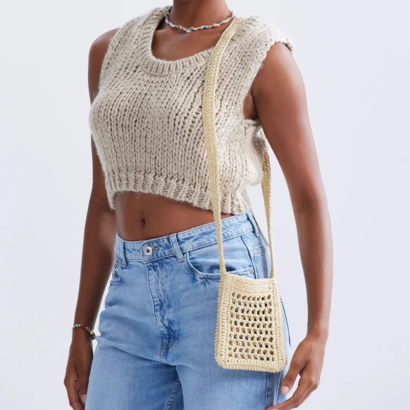 Mimicun Fashion Straw Small Phone Purses Casual Hollow Woven Crossbody Bags Simple Female Shoulder Bag Designer Summer Beach Bag 2024