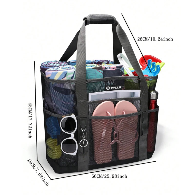 Mimicun 8 Pockets Summer Large Beach Bag For Towels Mesh Durable Beach Bag For Toys Waterproof Underwear Pocket Beach Tote Bag