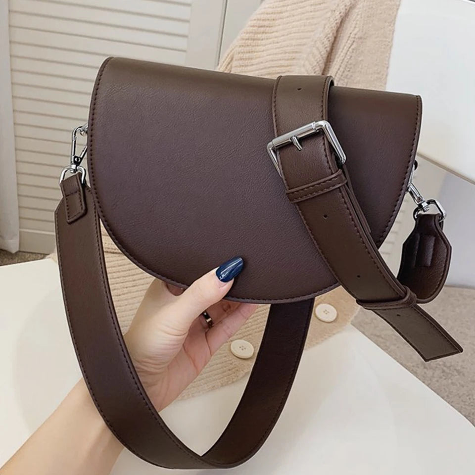 Mimicun  -  Retro Solid Color Saddle Bag High Quality Leather Shoulder Bags for Women New Simple Ladies Crossbody Bag Designer Handbags