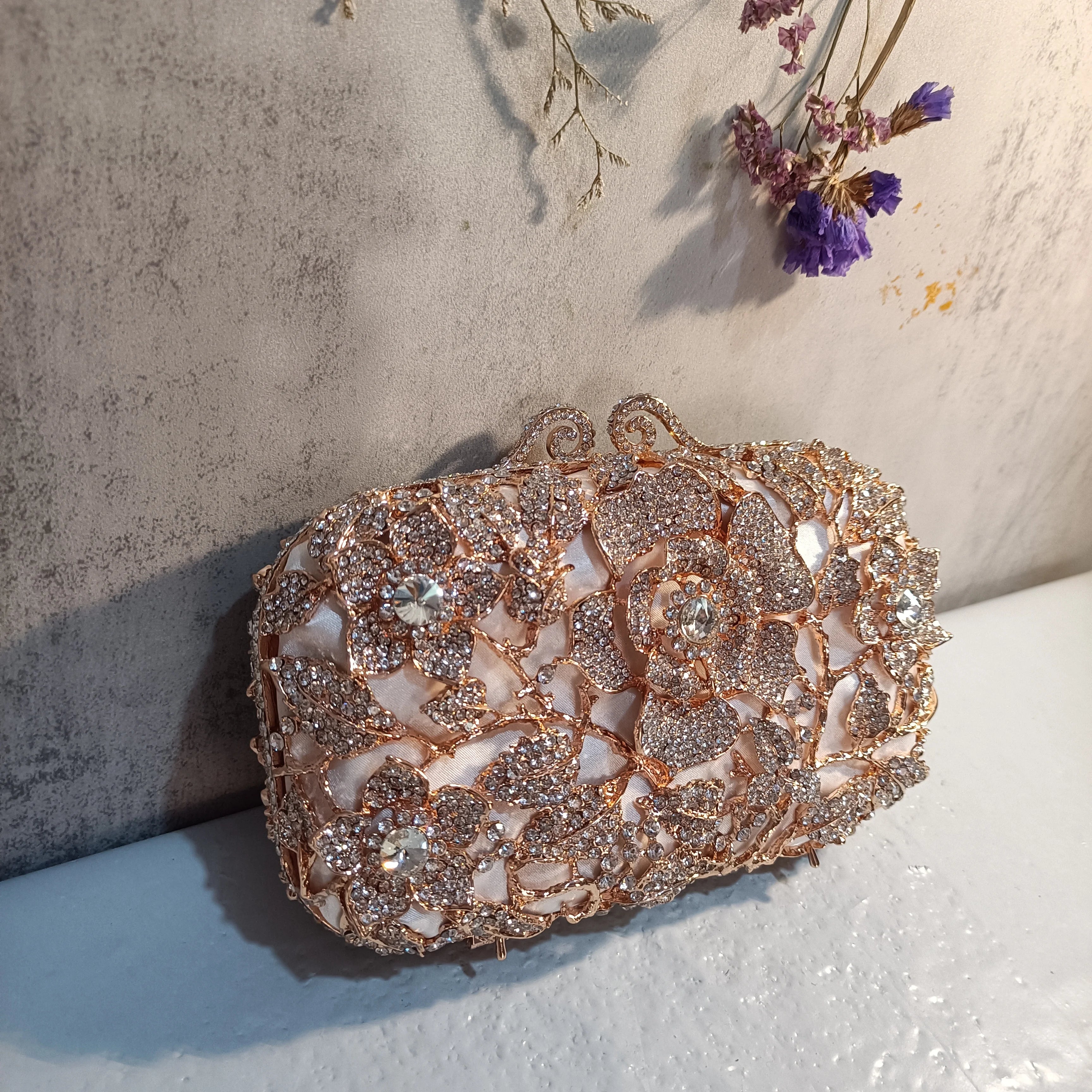 Mimicun Lady Rose Gold Rhinestone Wedding Evening Clutch Bags Women’s Party Prom Crystal Shoulder Bag Stones Handbag Clutches Bags Purse