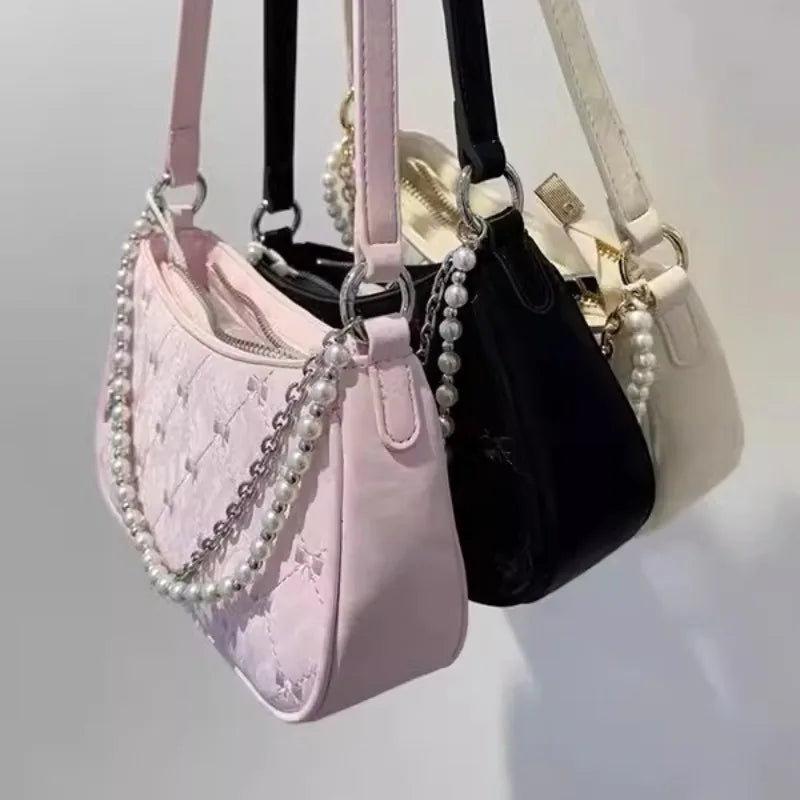 Mimicun Pink Womens Shoulder Bag Elegant Cute Bow Pearl Chains Bow Embroidery Handbag Casual Leather Korean Fashion Female Handbag