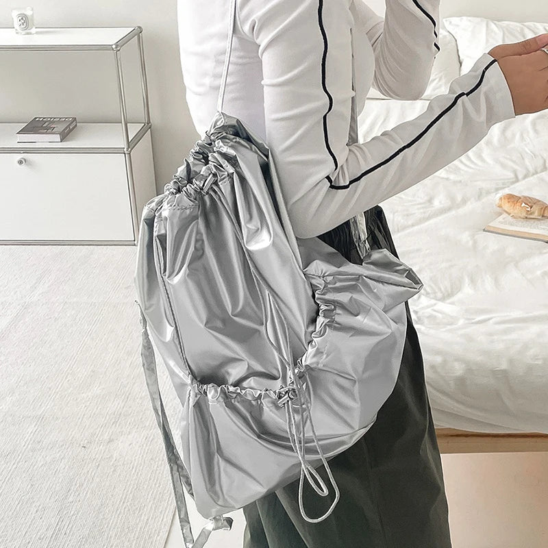 Mimicun Fashion Korean Silver PU Leather Backpack New Women Commuter Large Capacity Mochila Ladies Bags Casual Simple Drawstring Student