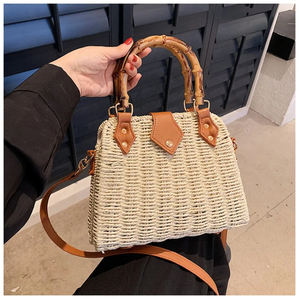 Mimicun  -  Elegant Vintage Bamboo Handle Rattan Straw Woven Bag Bohemian Crossbody Bag Outing Sling Bag Shoulder Bag