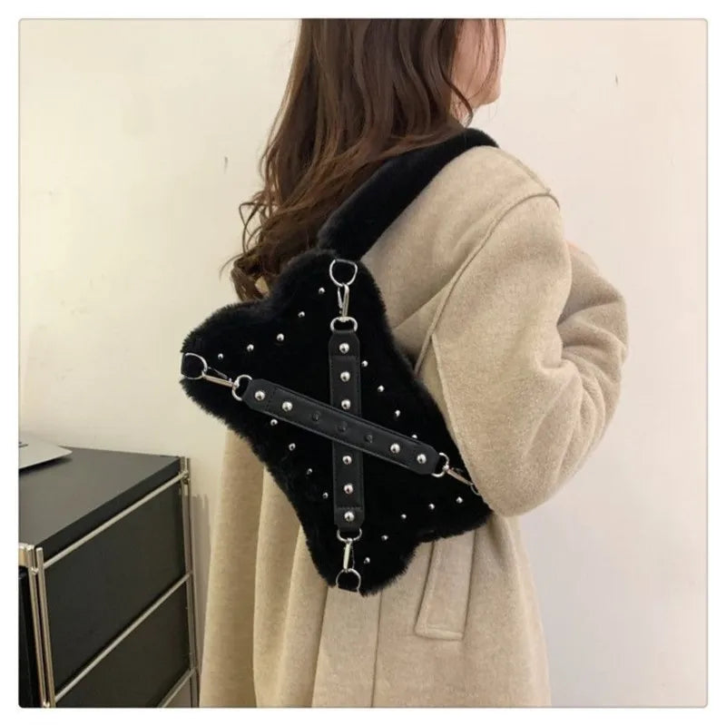 Mimicun Gothic Rivet Plush Shoulder Bag Women Y2k Grunge Winter Subculture Messenger Bag Purse Ladies Harajuku Aesthetic Handbag