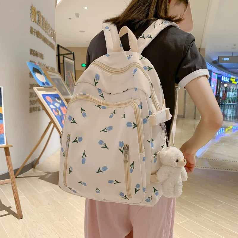 Mimicun  -  Fashion Floral Cute Women Backpack Nylon Waterproof Laptop Backpack Female School Bags For Teenage Girls Kawaii Travel Book Bags