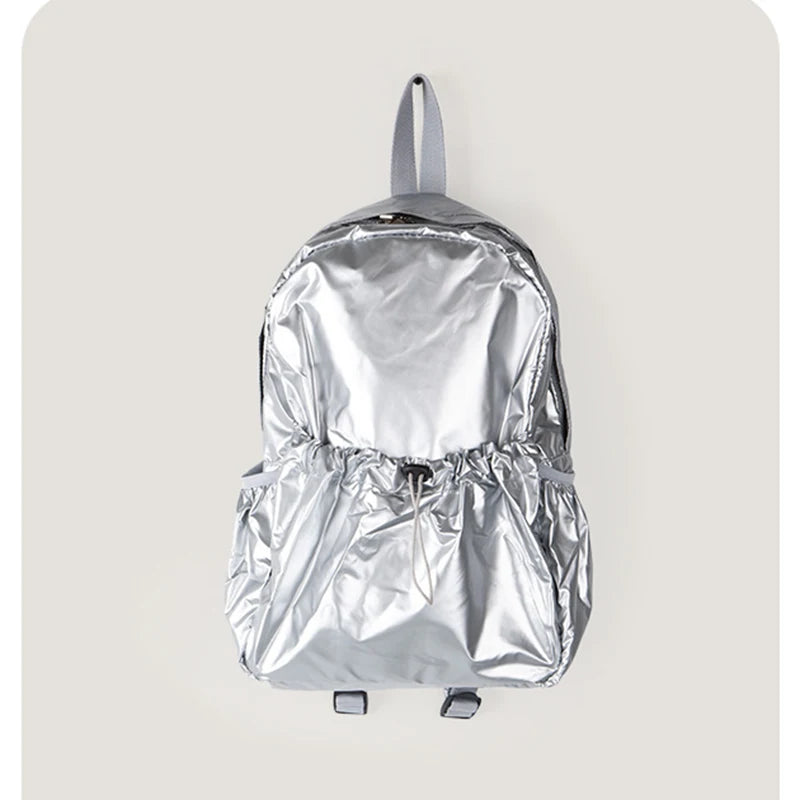 Mimicun Silver Ruched Backpacks Unisex Pu Leather Soft Drawstraing Large Capacity Shoulder Bag Y2k Fashion Korean Backpack 2024