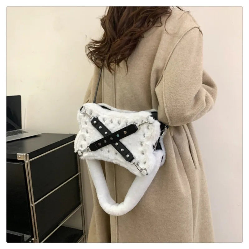 Mimicun Gothic Rivet Plush Shoulder Bag Women Y2k Grunge Winter Subculture Messenger Bag Purse Ladies Harajuku Aesthetic Handbag