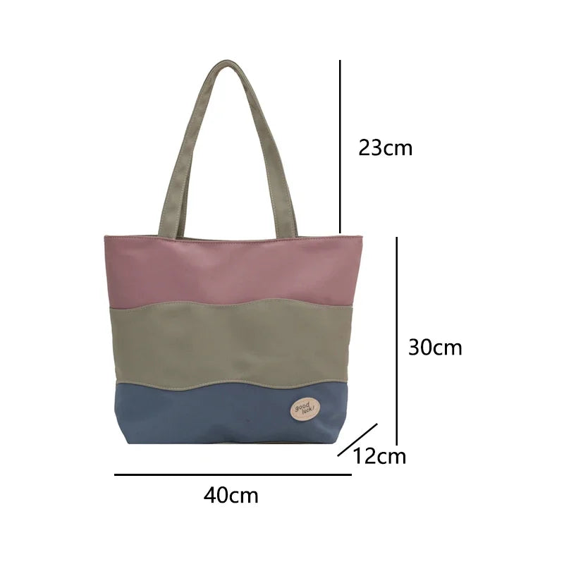 Mimicun New Women's Tote Bag Texture Tri Color Panel Portable Lightweight Canvas Bag High Capacity Women's Japanese Style Shoulder Bag