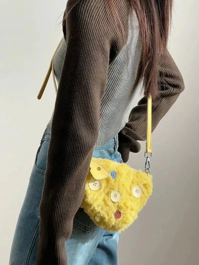 Mimicun  -  New Autumn/winter Niche Design Plush Cute Buttons One Shoulder Bag Fashion Girls Mini Phone Crossbody Bags