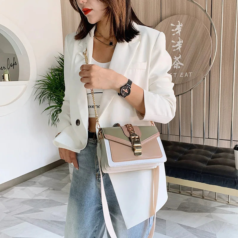 Mimicun  -  Fashion chain lady Sling bag Panelled color PU Leather Crossbody Bag For Women new Wide strap Shoulder Messenger Bag Ladies