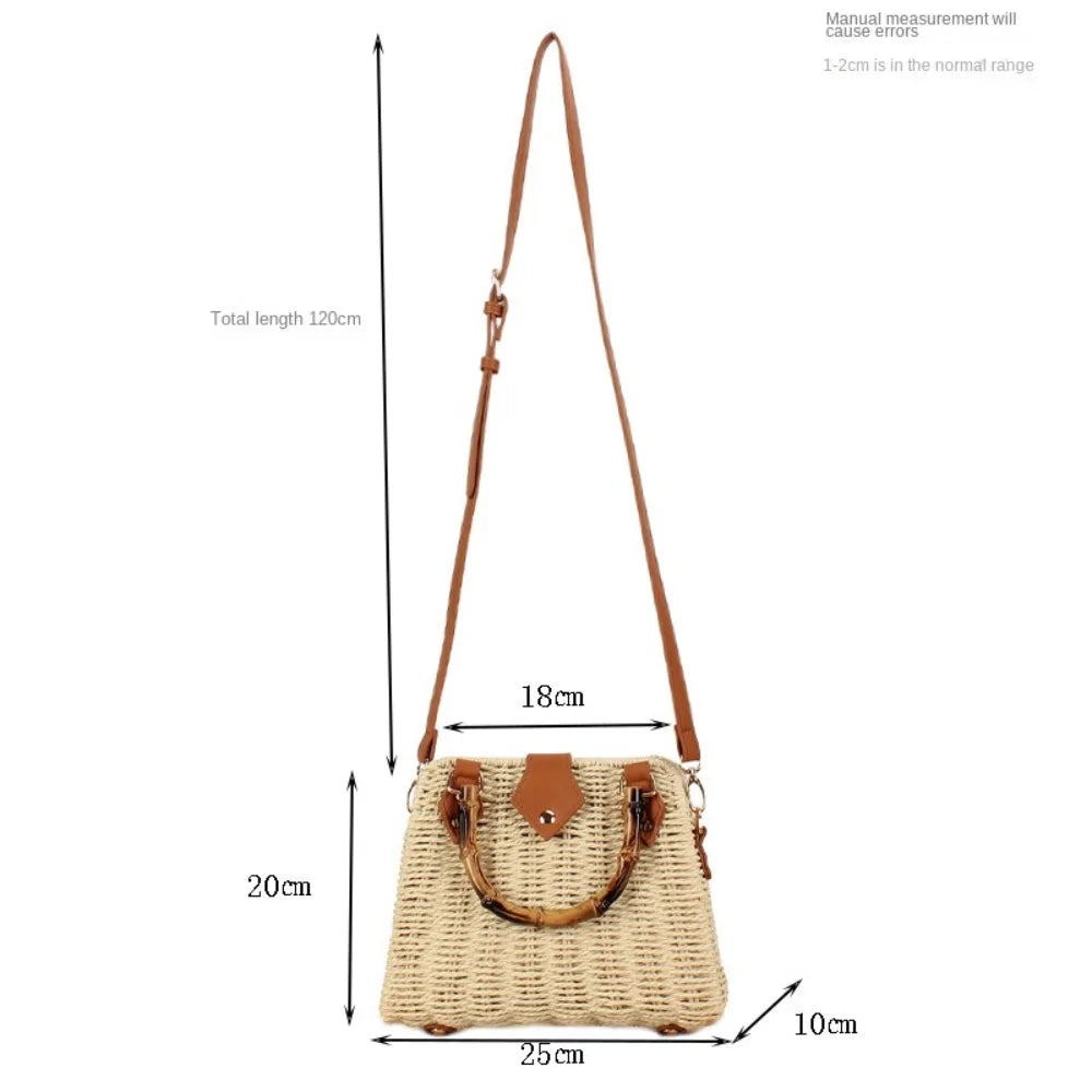 Mimicun  -  Elegant Vintage Bamboo Handle Rattan Straw Woven Bag Bohemian Crossbody Bag Outing Sling Bag Shoulder Bag