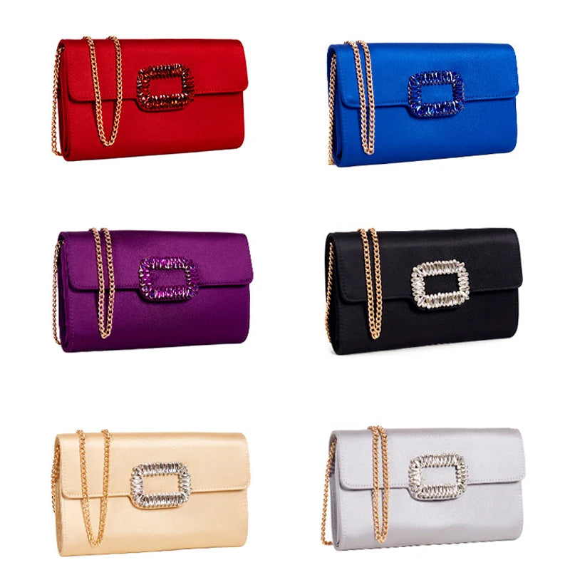 Mimicun  -  Elegant Satin Envelope Evening Handbags for Women Square Diamond Buckle Wedding Bridal Party Purse Shoulder Chain Messenger Bags