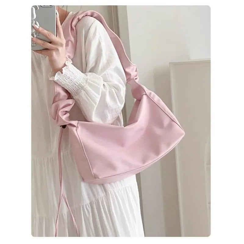 Mimicun Silver Pleated Womens Shoulder Bag Solid Color Designer Simple Summer Leather Handbag Casual Advanced Female Armpit Bag