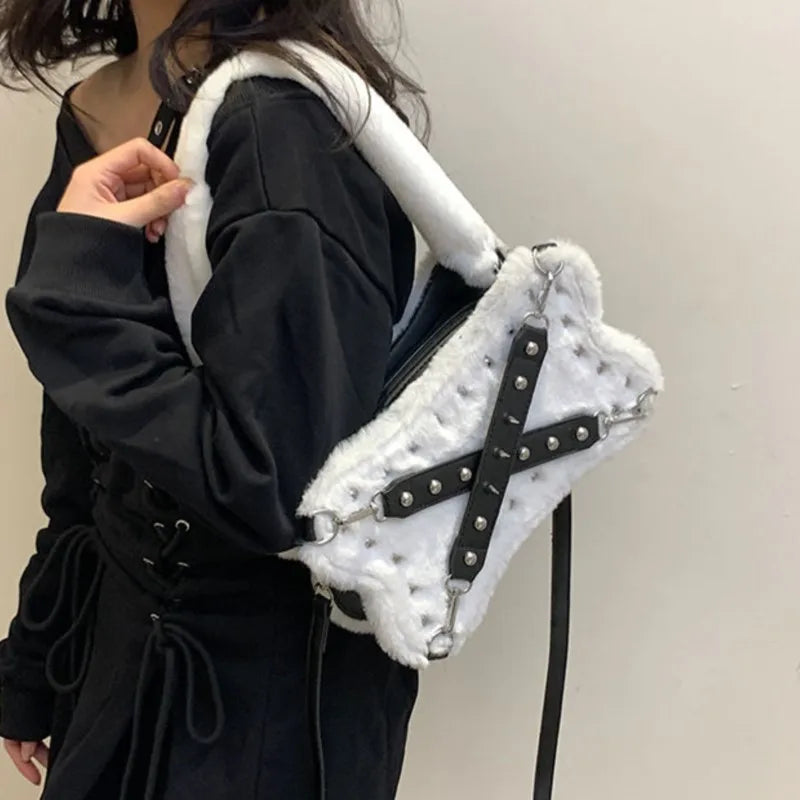 Mimicun Gothic Rivet Plush Shoulder Bag Women Y2k Grunge Winter Subculture Messenger Bag Purse Ladies Harajuku Aesthetic Handbag