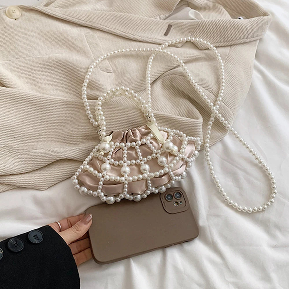 Mimicun  -  Handmade Woven Pearls Bags Women Handbags Hollow Beaded Shoulder Bag Mini Knitting Crossbody Bags for Woman Wedding Clutch