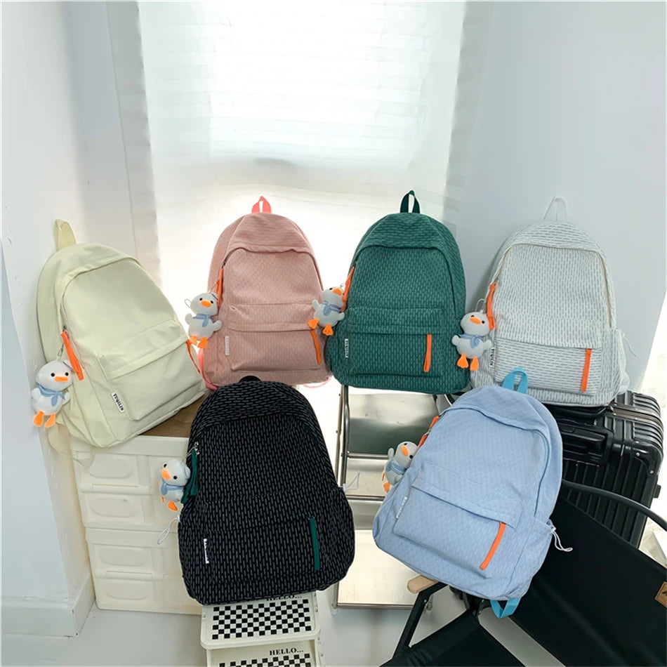 Mimicun Simple Solid Color Shoulder Backpacks Bookbags Cotton Large Capacity Travel Knapsacks Women Girls Student Daily Zipper Schoolbag