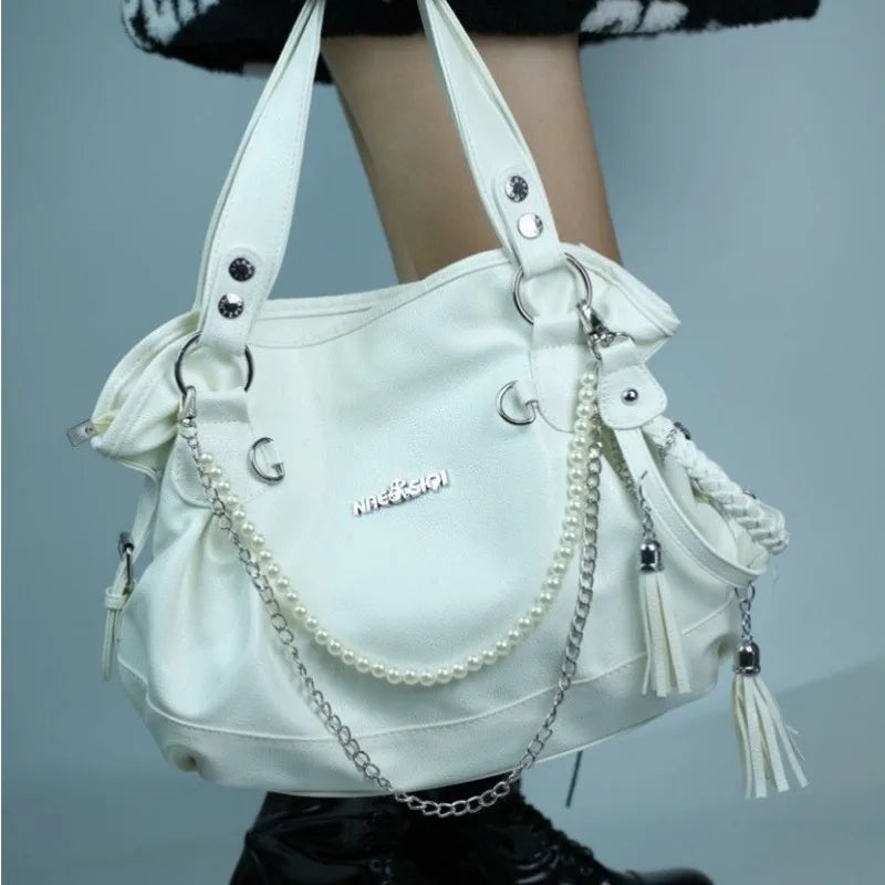 Mimicun Original Y2k Womens Handbag White Goth Pearl Chains Fashion Tote Bag Aesthetic Large Capacity Designer Daily Shoulder Bag