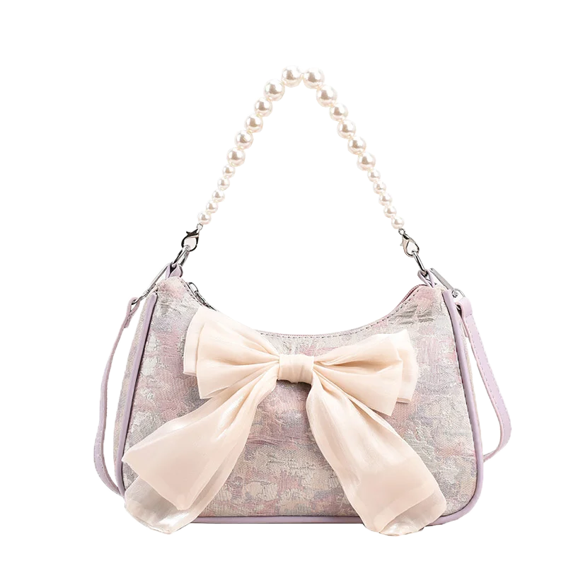 Mimicun  -  Korean Style Cute Bow Knot Baguette Bag for Women's New Fashionable Pearl Underarm Crossbody Bags