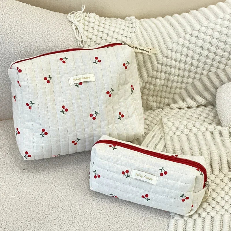 Mimicun Fashion Women Quilted Cotton Cosmetic Storage Bag Cherry Travel Makeup Storage Organizer Pouch Girls Pencil Case Tote Handbags