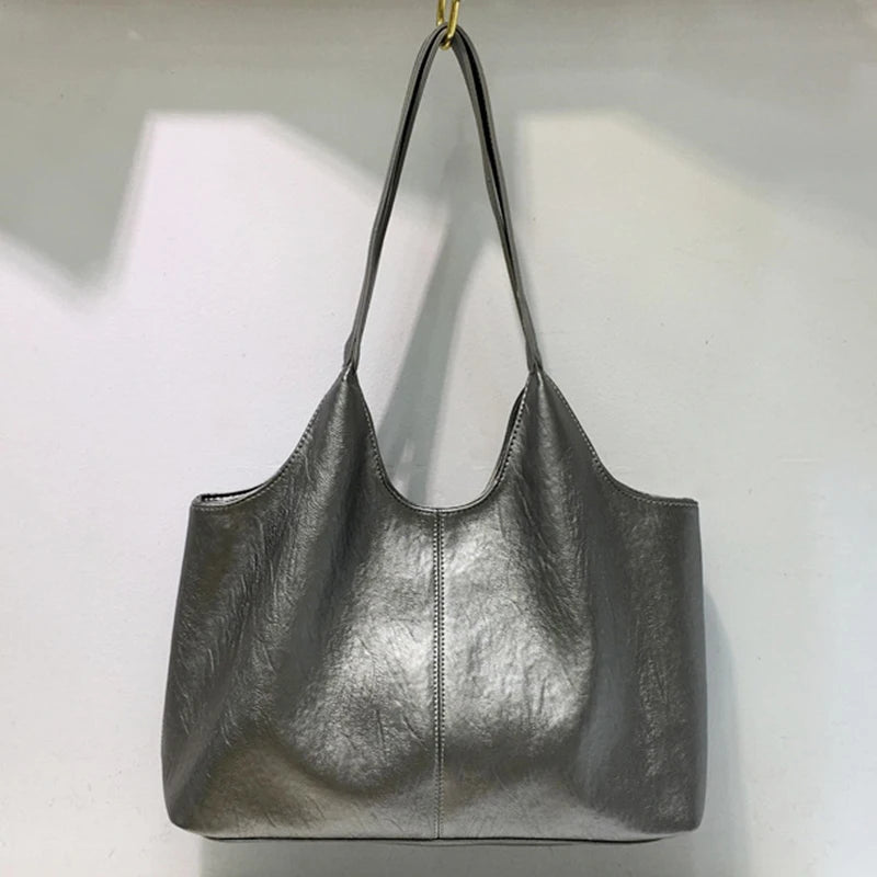 Mimicun Casual Commuting Silver Tote Women New Simple Versatile Large Capacity Student Shoulder Bags Street Vintage Y2K Shopper Handbags