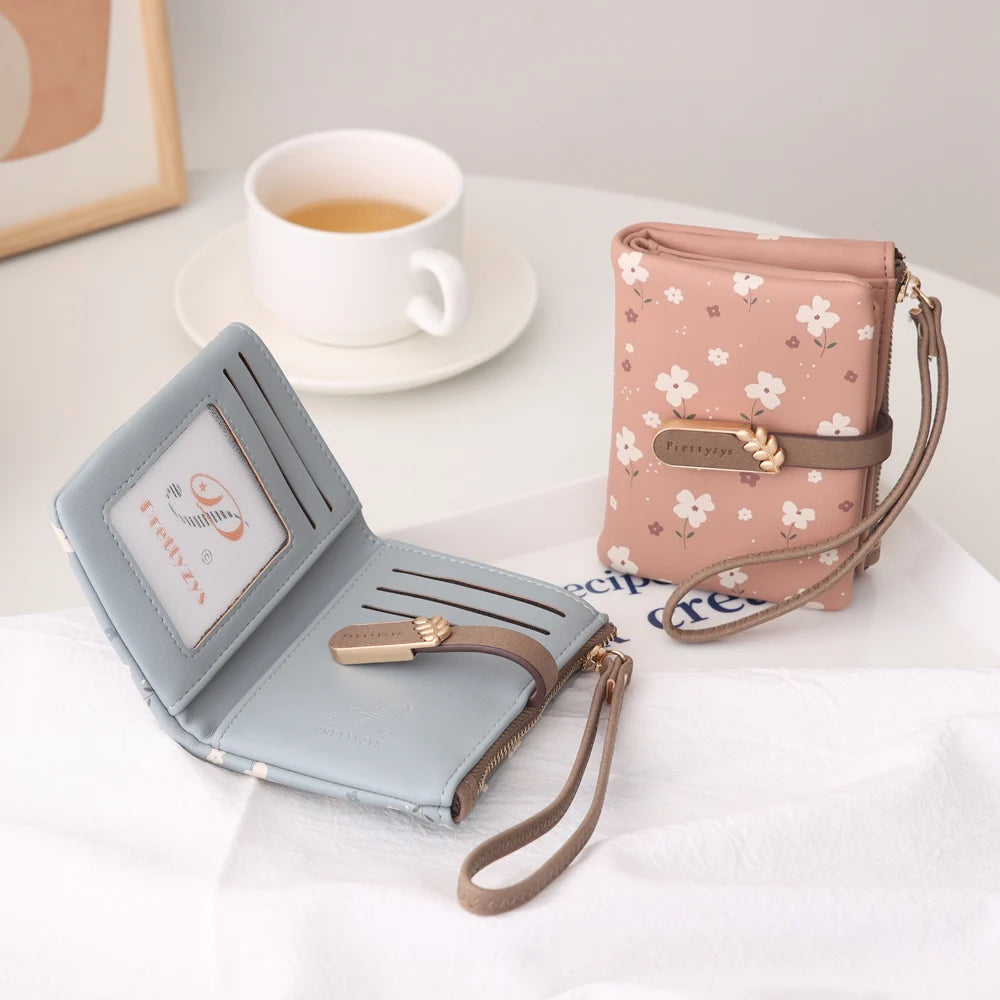 Mimicun Women Short Wallet Cute Leaf Flower Pattern Design Girl Zipper Coin Purse Ladies ID Credit Card Holder PU Small Clutch Money Bag