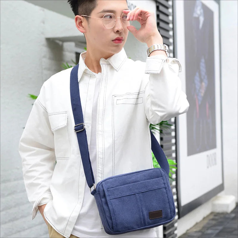 Mimicun Men's Retro Canvas Shoulder Bag Sports and Leisure Messenger Bag Simple Crossbody Bag Horizontal Small Square Sling Bag