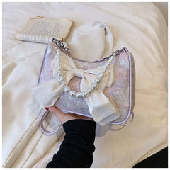 Mimicun  -  Korean Style Cute Bow Knot Baguette Bag for Women's New Fashionable Pearl Underarm Crossbody Bags