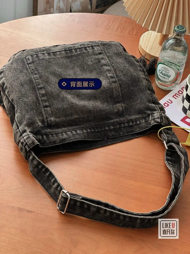 Mimicun  -  fancy bags Retro Black Gray Rivet Tassel Canvas Denim Women's Bags Fashion Korean Style One Shoulder Crossbody Tote Bag