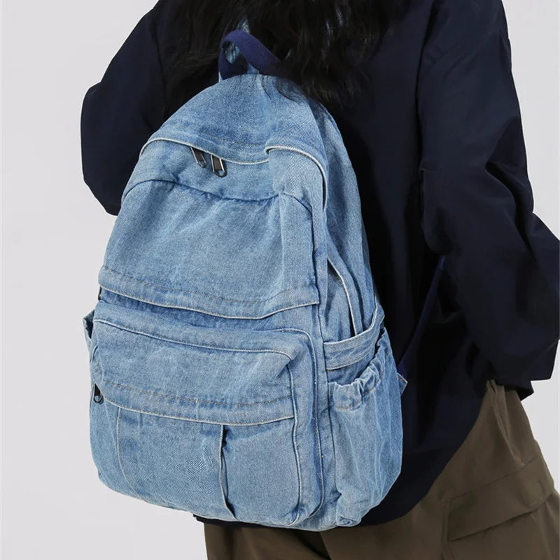 Mimicun Blue Denim Backpacks For Women 100% Cotton Leisure Or Travel Bags Unisex Large Capacity Canvas Satchels Cloth Korea School Bags