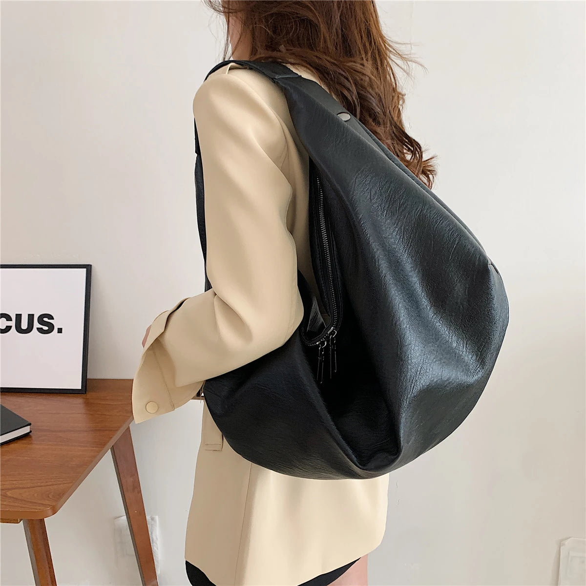 Mimicun Big Black Shoulder Bags for Women Large Hobo Shopper Bag Solid Color Quality Soft Leather Crossbody Handbag Lady Travel Tote Bag