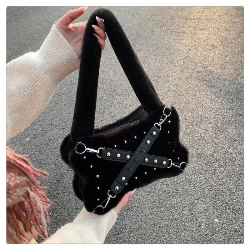 Mimicun Gothic Rivet Plush Shoulder Bag Women Y2k Grunge Winter Subculture Messenger Bag Purse Ladies Harajuku Aesthetic Handbag