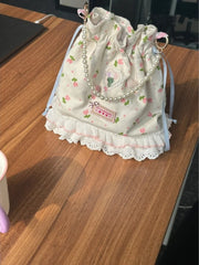 Mimicun  -  fancy bags Korean Sweet Lace Floral Pearl Drawstring Handbag Bags Women Commute Bucket  Bag