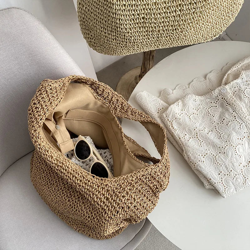 Mimicun  -  Square Hollow Straw Beach Bag Handmade Woven Shoulder Bag Raffia Rattan Shopping Travel Bag Bohemian Summer Vacation Casual Tote