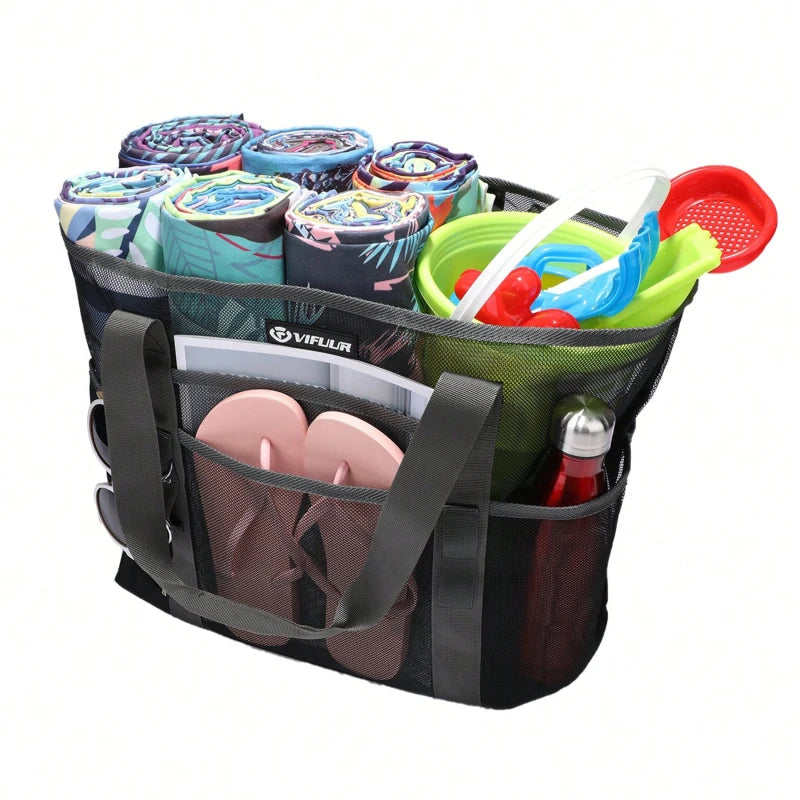 Mimicun 8 Pockets Summer Large Beach Bag For Towels Mesh Durable Beach Bag For Toys Waterproof Underwear Pocket Beach Tote Bag