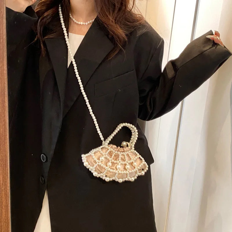 Mimicun  -  Handmade Woven Pearls Bags Women Handbags Hollow Beaded Shoulder Bag Mini Knitting Crossbody Bags for Woman Wedding Clutch