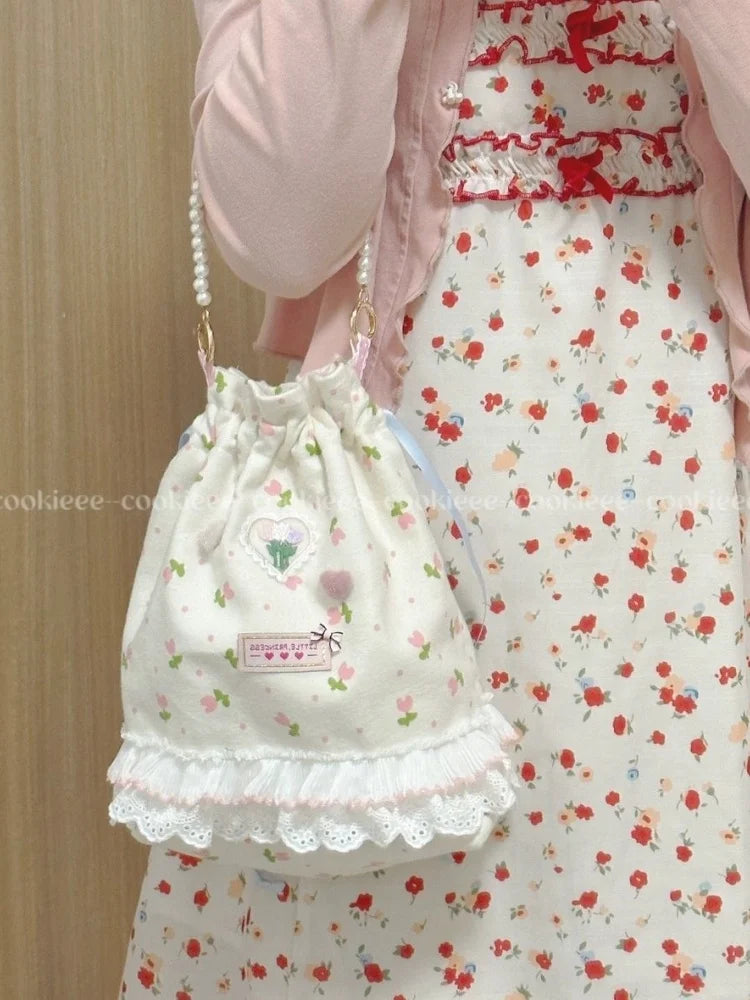 Mimicun  -  fancy bags Korean Sweet Lace Floral Pearl Drawstring Handbag Bags Women Commute Bucket  Bag