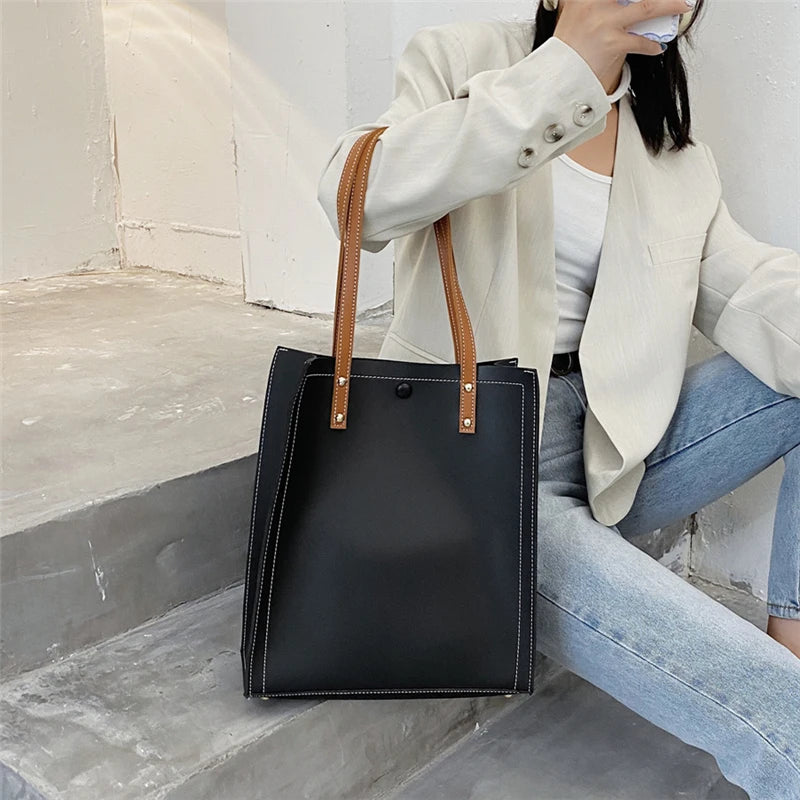 Mimicun 2 Pcs/Set Large Shoulder Tote Bags For Women 2024 Trend Designer Shopper PU Leather Ladies Work Handbags Beige Black