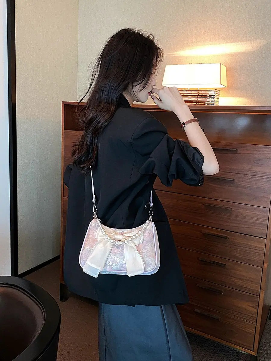 Mimicun  -  Korean Style Cute Bow Knot Baguette Bag for Women's New Fashionable Pearl Underarm Crossbody Bags